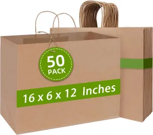 Johuivo Brown Paper Bags with Handles 50 Pack, Paper Shopping Bag and Gift Bags, Kraft Paper Bag Bulk Retail for Small Business, Grocery, Lunch, Party Favors, 16x6x12 Inches