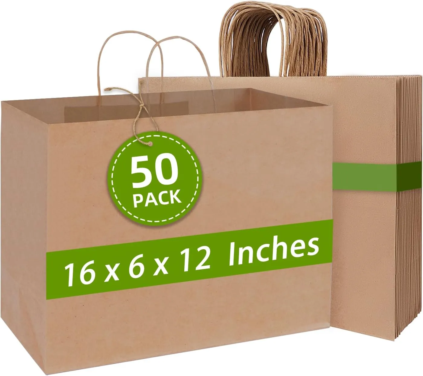 Johuivo Brown Paper Bags with Handles 50 Pack, Paper Shopping Bag and Gift Bags, Kraft Paper Bag Bulk Retail for Small Business, Grocery, Lunch, Party Favors, 16x6x12 Inches