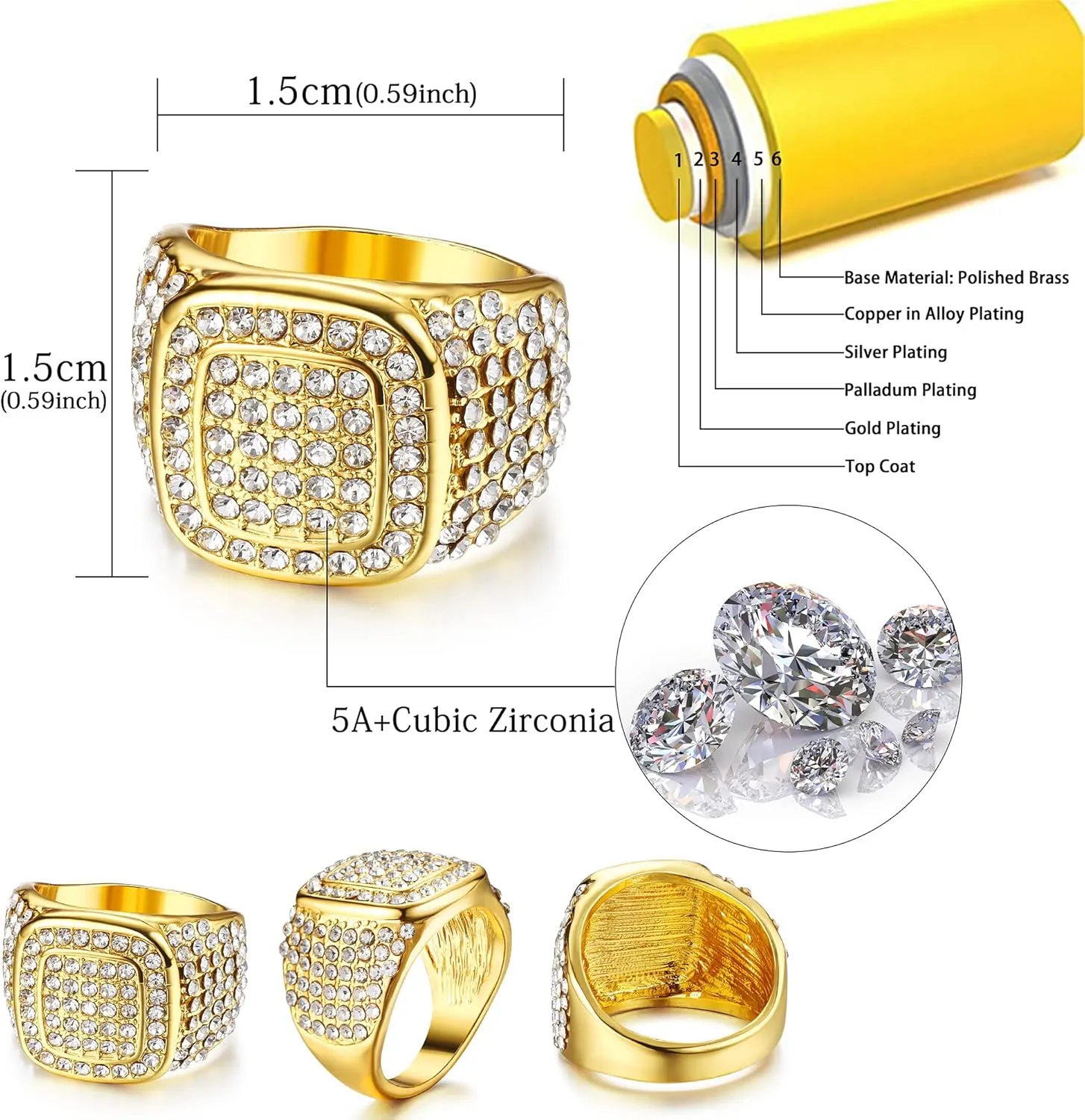 Jstyle 18K Gold Plated Bling Pinky Ring - Simulated Diamond Iced Out CZ Punky Rappers Star Square Sign Hip Hop for Men
