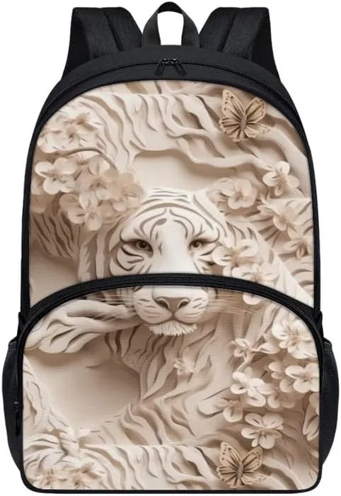 Jungle Animal Tiger Print College School Bookbag 17in 600D Polyester Bag Paper Sculpture White Tigers Backpacks Casual Backpack Lightweight Canvas Daykpack Backpacks
