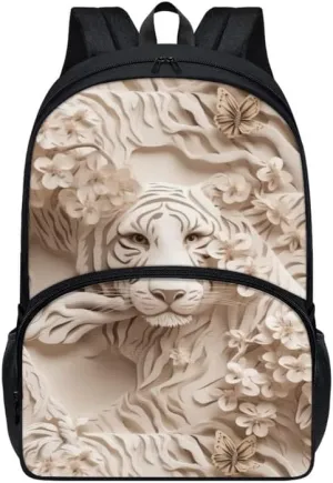Jungle Animal Tiger Print College School Bookbag 17in 600D Polyester Bag Paper Sculpture White Tigers Backpacks Casual Backpack Lightweight Canvas Daykpack Backpacks