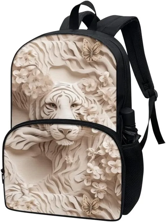 Jungle Animal Tiger Print College School Bookbag 17in 600D Polyester Bag Paper Sculpture White Tigers Backpacks Casual Backpack Lightweight Canvas Daykpack Backpacks