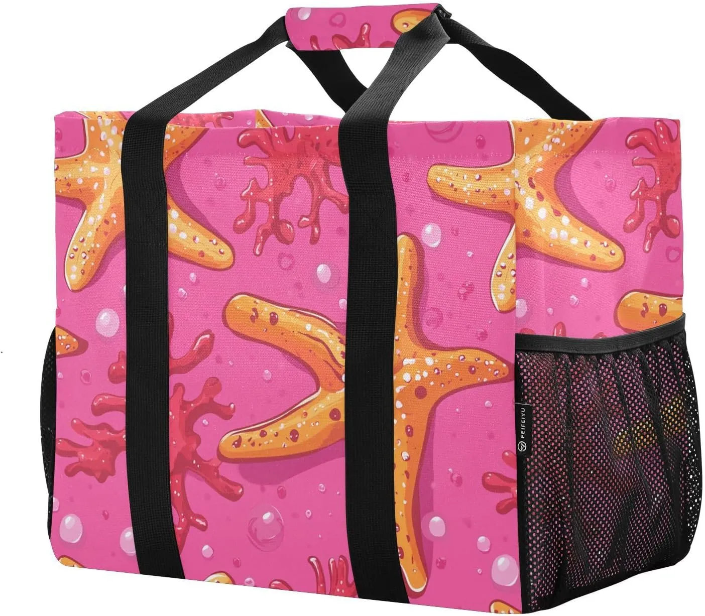 JUNZAN Cartoon Starfish Hot Pink Utility Tote Bags For Women Foldable Beach Totes Bags With Pockets Reusable Shopping Bags Canvas Car Totes
