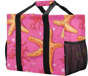 JUNZAN Cartoon Starfish Hot Pink Utility Tote Bags For Women Foldable Beach Totes Bags With Pockets Reusable Shopping Bags Canvas Car Totes