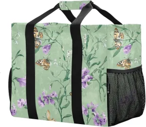 JUNZAN Floral with Butterflies Utility Totes Collapsable Beach Bag Water Resistant Grocery Bags Reusable Canvas Car Totes