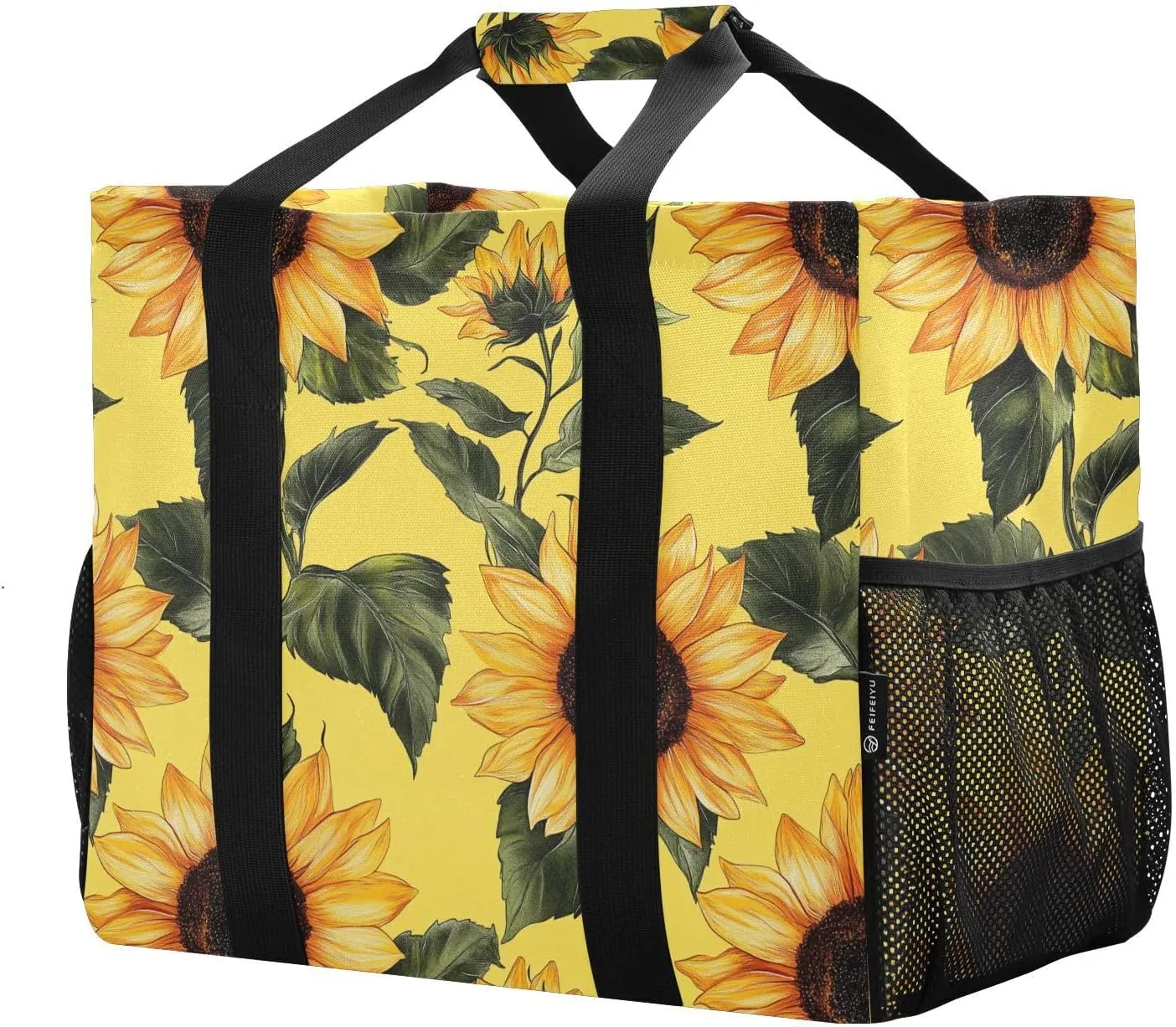 JUNZAN Yellow Sunflowers Utility Bags And Totes Collapsable Beach Totes Bags With Pockets Reusable Grocery Bag Canvas Canvas Laundry Bag