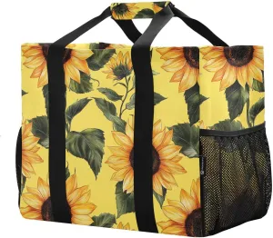 JUNZAN Yellow Sunflowers Utility Bags And Totes Collapsable Beach Totes Bags With Pockets Reusable Grocery Bag Canvas Canvas Laundry Bag