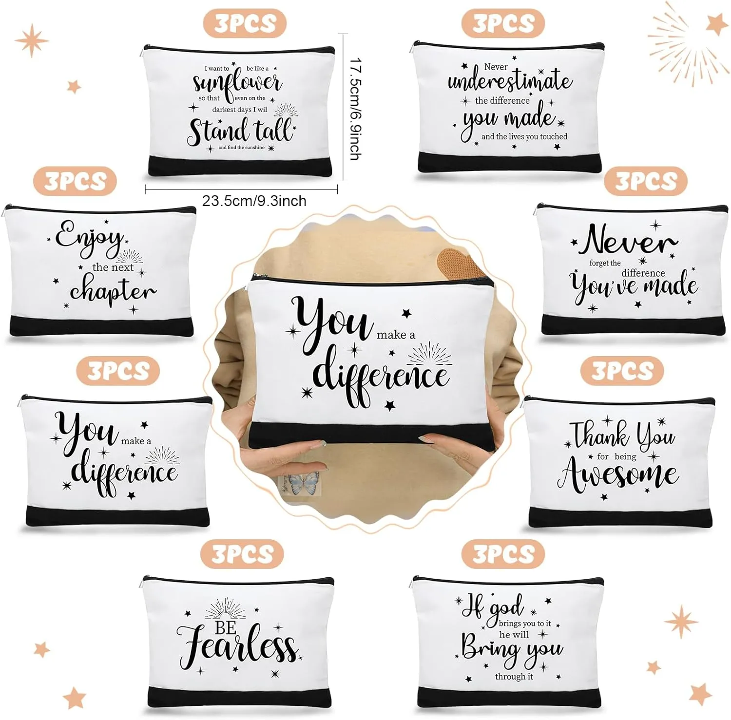Kajaia 24 Pieces Inspirational Canvas Cosmetic Bags Makeup Bags with Zippers Appreciation Motivational Toiletry Purse Pouches Positive Travel Makeup Pouches for Girl Women Friends, 8 Designs (Elegant)
