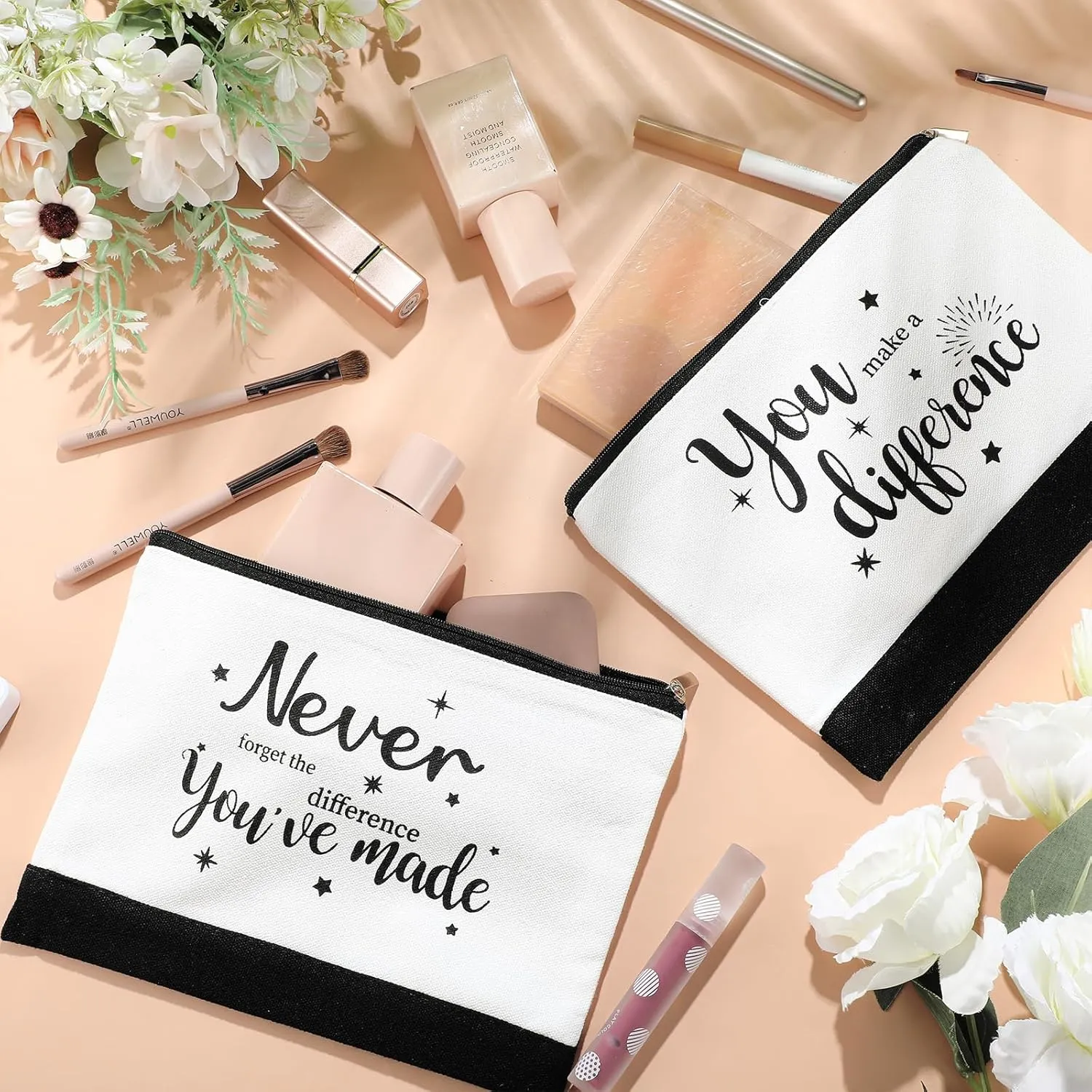 Kajaia 24 Pieces Inspirational Canvas Cosmetic Bags Makeup Bags with Zippers Appreciation Motivational Toiletry Purse Pouches Positive Travel Makeup Pouches for Girl Women Friends, 8 Designs (Elegant)