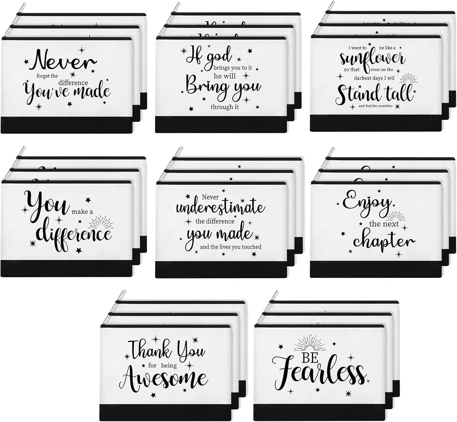Kajaia 24 Pieces Inspirational Canvas Cosmetic Bags Makeup Bags with Zippers Appreciation Motivational Toiletry Purse Pouches Positive Travel Makeup Pouches for Girl Women Friends, 8 Designs (Elegant)