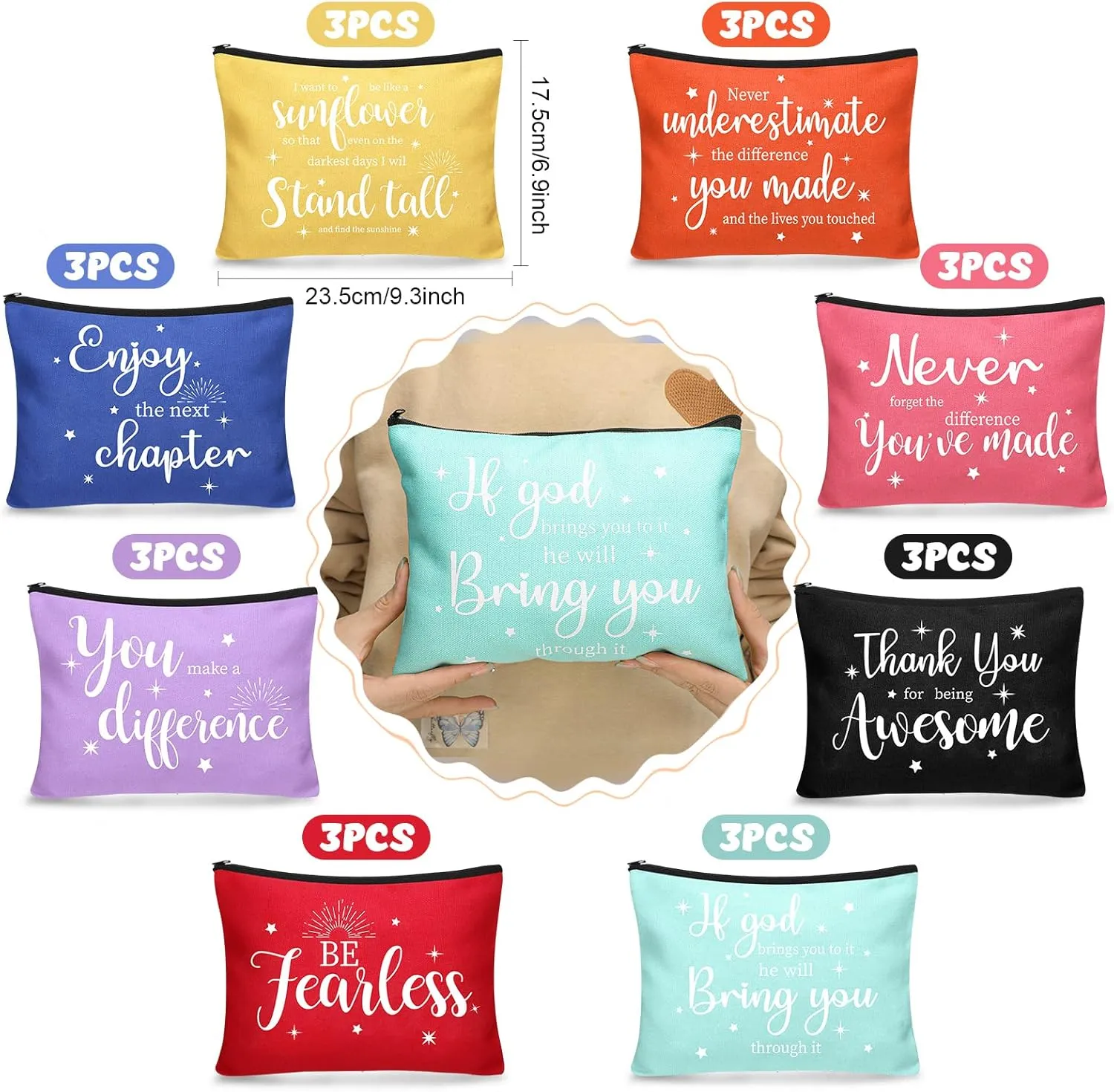 Kajaia 24 Pieces Inspirational Canvas Cosmetic Bags Makeup Bags with Zippers Appreciation Motivational Toiletry Purse Pouches Positive Travel Makeup Pouches for Girl Women Friends Coworker, 8 Designs