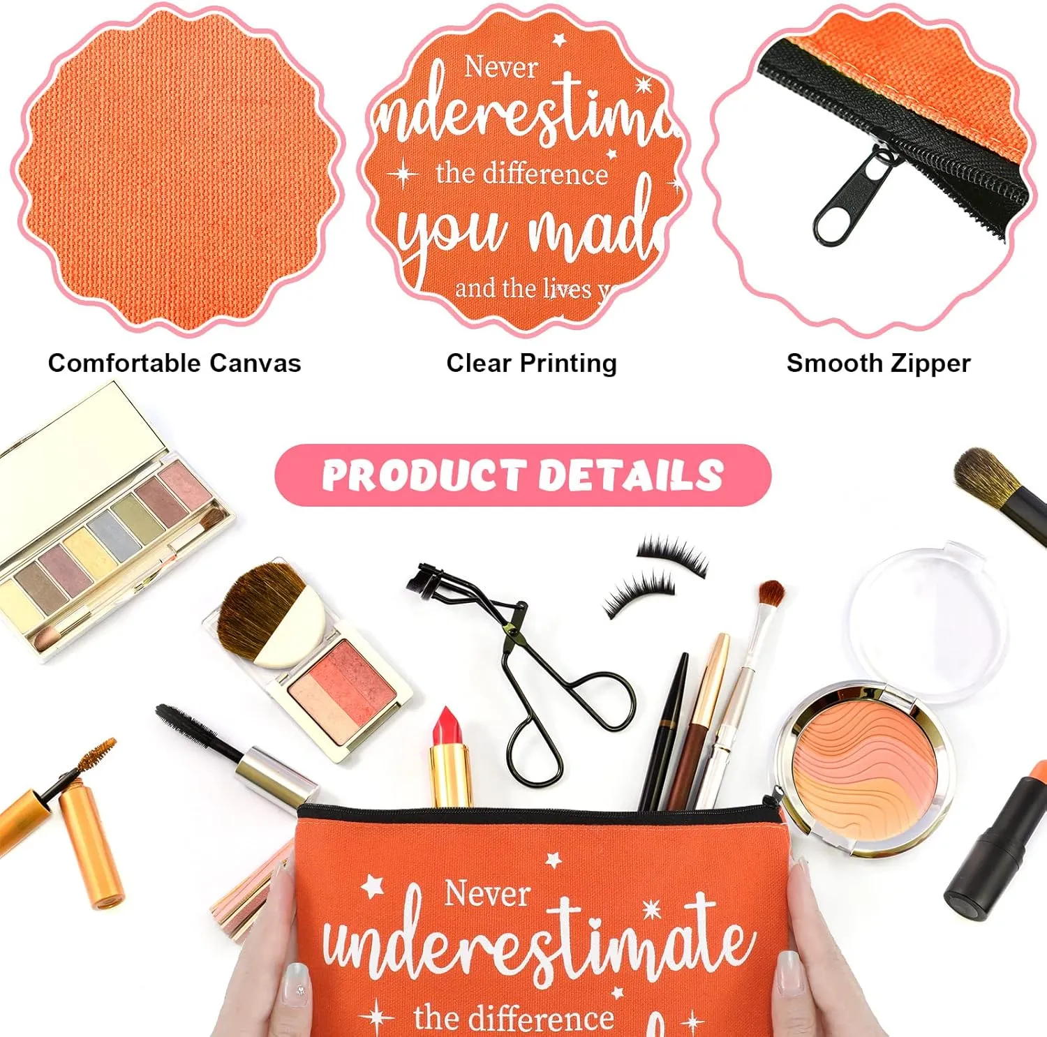 Kajaia 24 Pieces Inspirational Canvas Cosmetic Bags Makeup Bags with Zippers Appreciation Motivational Toiletry Purse Pouches Positive Travel Makeup Pouches for Girl Women Friends Coworker, 8 Designs