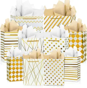 KEEPARTY Assorted Sizes Gold Foil Gift Bags with Tissue Paper Suitable for Many Occasions Set of 10 with 6 Design Styles 4 Small 4 Medium and 2 Large Gift Bags