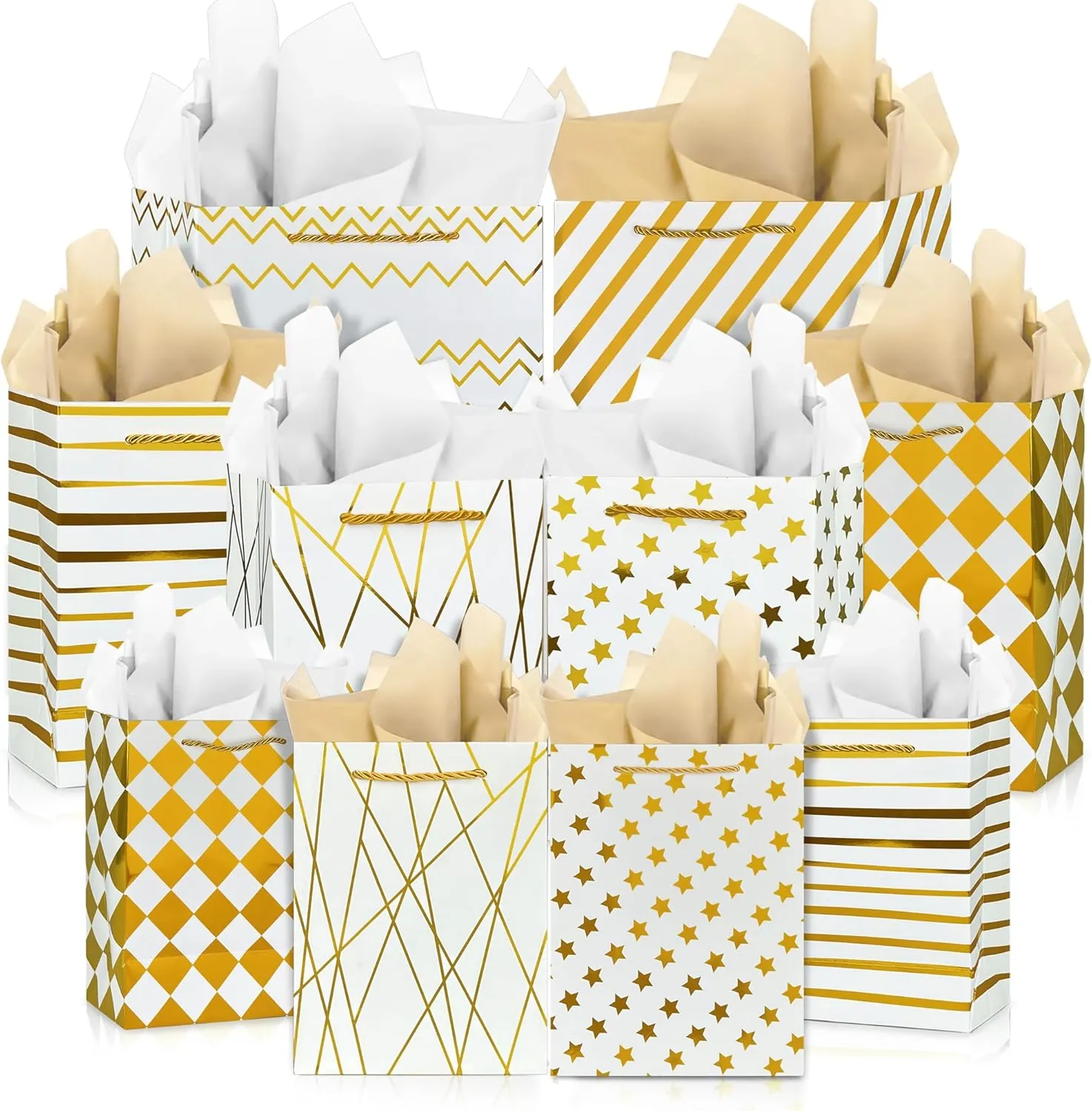 KEEPARTY Assorted Sizes Gold Foil Gift Bags with Tissue Paper Suitable for Many Occasions Set of 10 with 6 Design Styles 4 Small 4 Medium and 2 Large Gift Bags