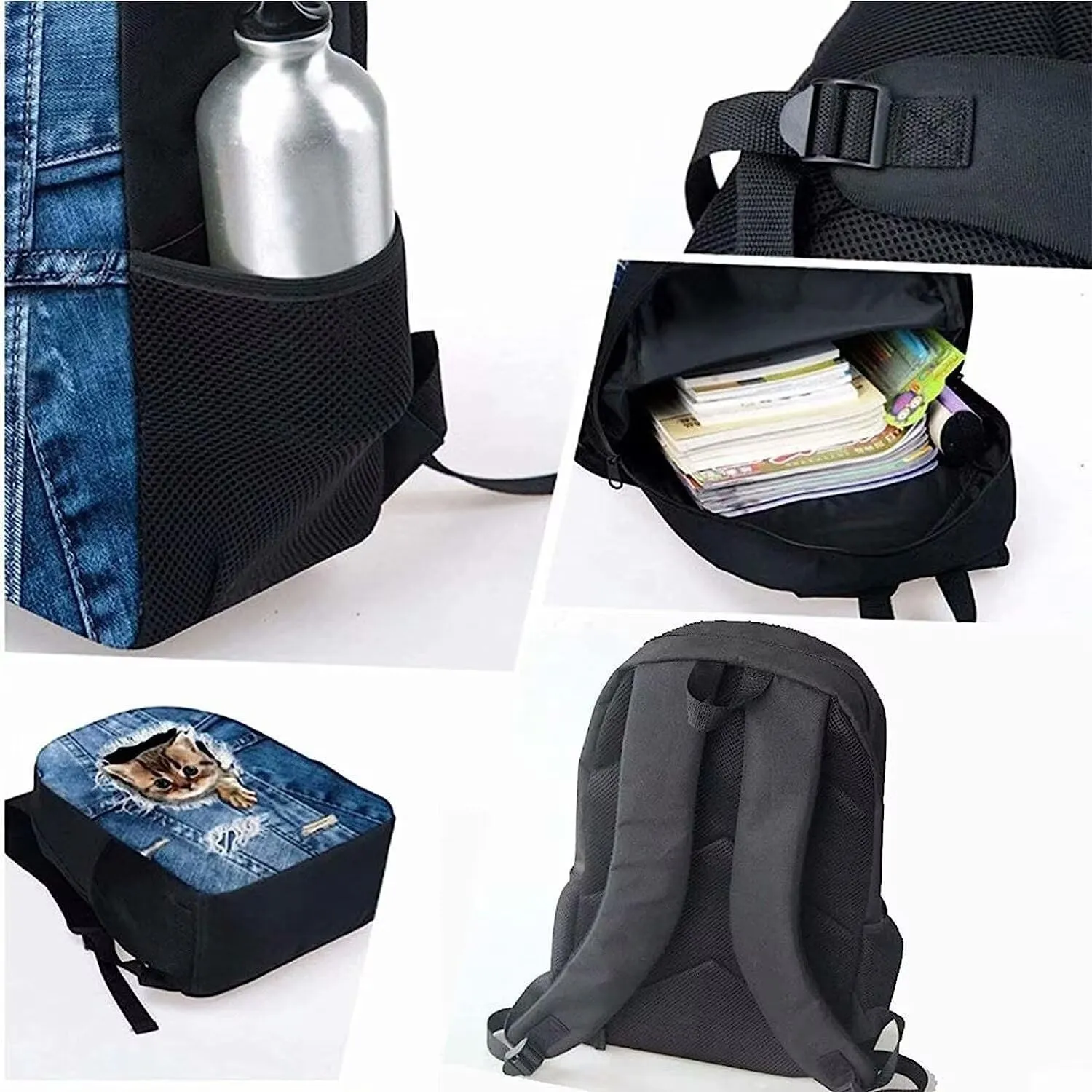 KEIAHUAN Blue Bling Butterfly Backpack with Lunch Box and Pencil Case for Girls Shoulder Schoolbags Lightweight School Book Bag for 6-15 Years Old