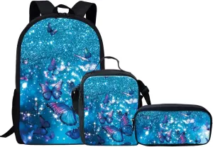 KEIAHUAN Blue Bling Butterfly Backpack with Lunch Box and Pencil Case for Girls Shoulder Schoolbags Lightweight School Book Bag for 6-15 Years Old