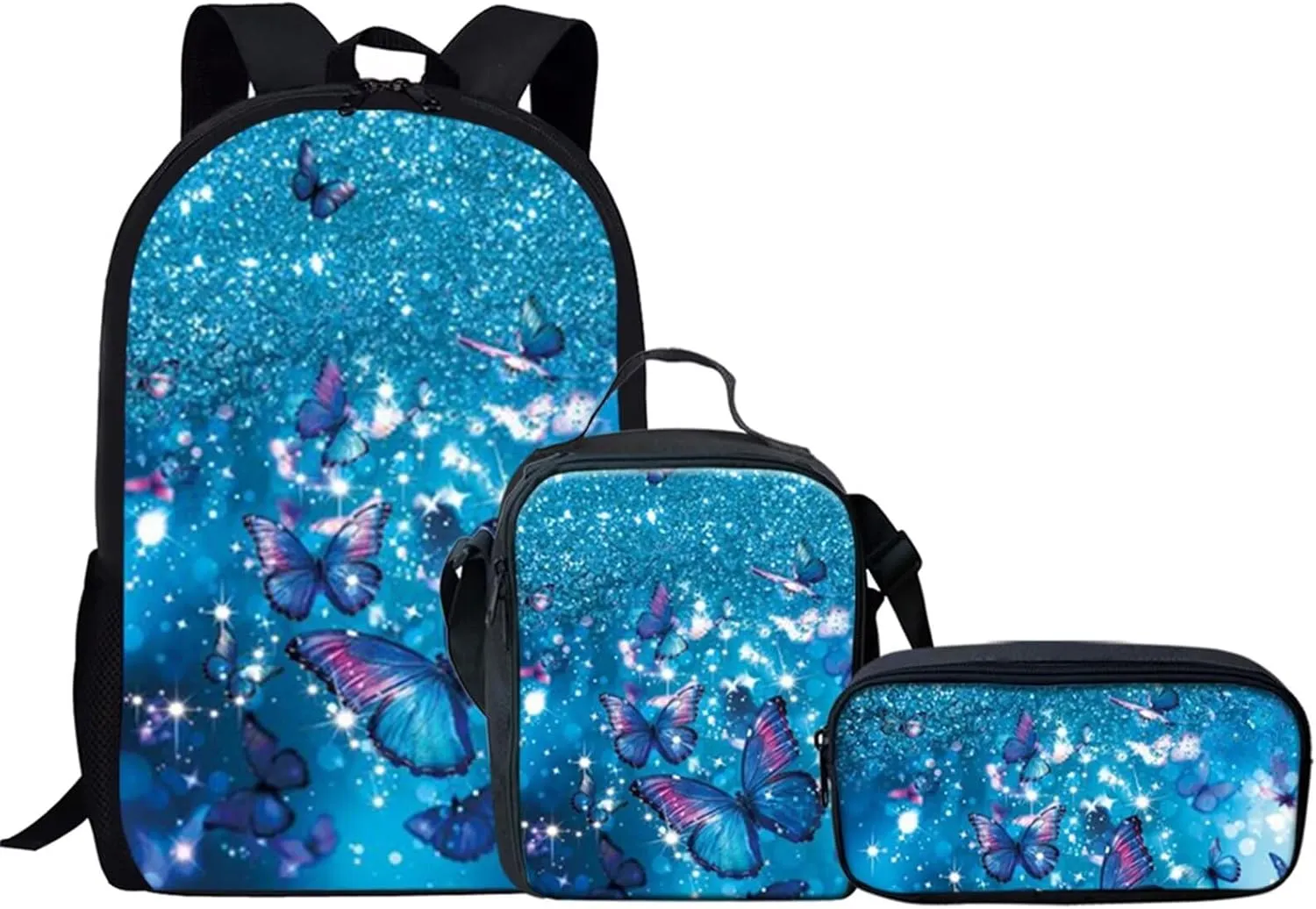 KEIAHUAN Blue Bling Butterfly Backpack with Lunch Box and Pencil Case for Girls Shoulder Schoolbags Lightweight School Book Bag for 6-15 Years Old