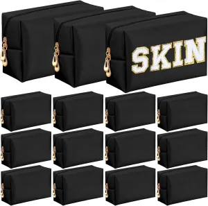 Kigeli 15 Pcs Aesthetic Makeup Bags PU Leather Cosmetic Pouches Waterproof Plain Toiletry Bags Makeup Pouches Bulk for Women Party Gift Travel Storage Organizer (Black)