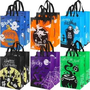 KIMOBER 12 Packs Halloween Non-Woven Trick or Treat Bags, Large Reusable Gift Tote With Handles, 6 Colors Goodie Bags for Party Supplies, 15.711.85.9"