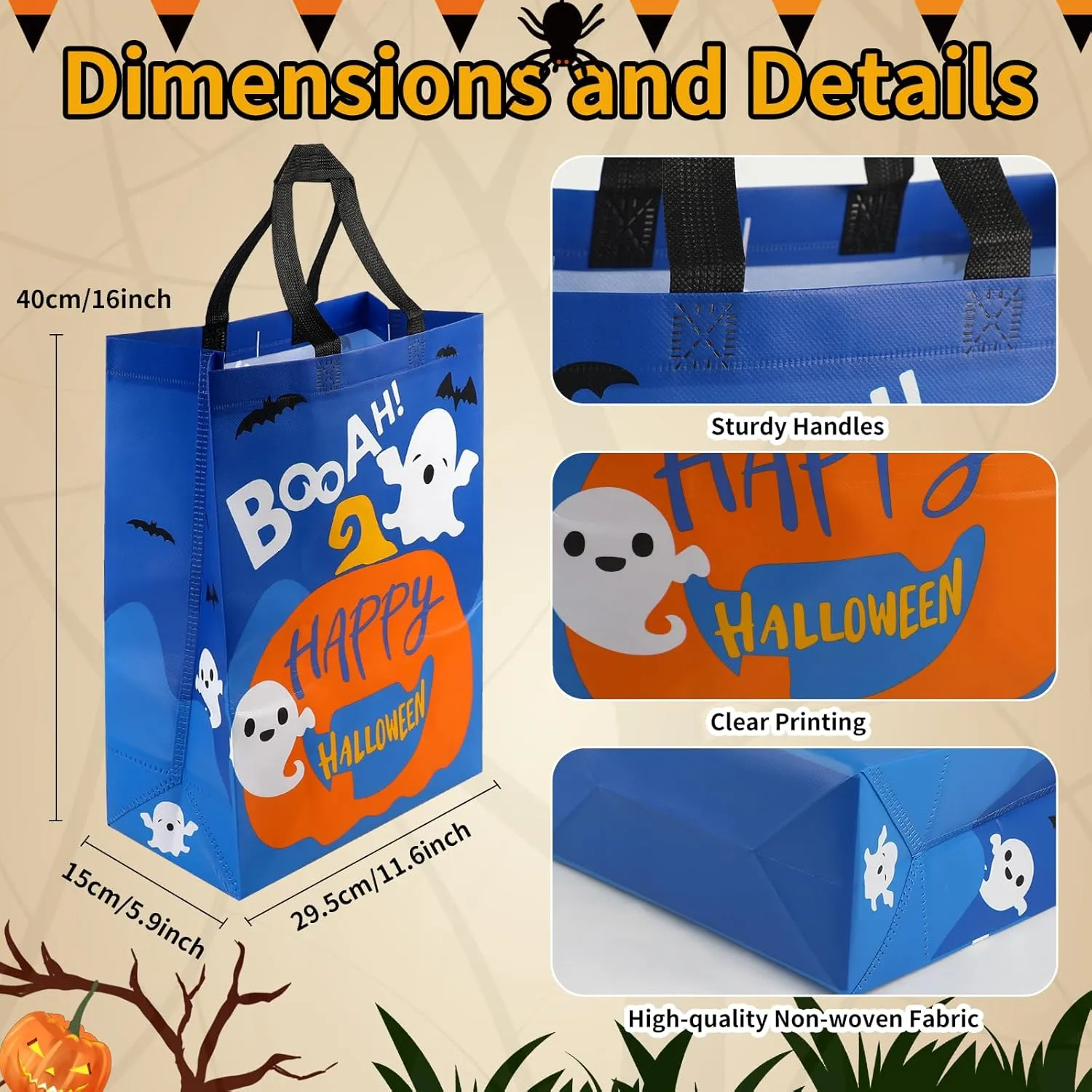 KIMOBER 12 Packs Halloween Non-Woven Trick or Treat Bags, Large Reusable Gift Tote With Handles, 6 Colors Goodie Bags for Party Supplies, 15.711.85.9"