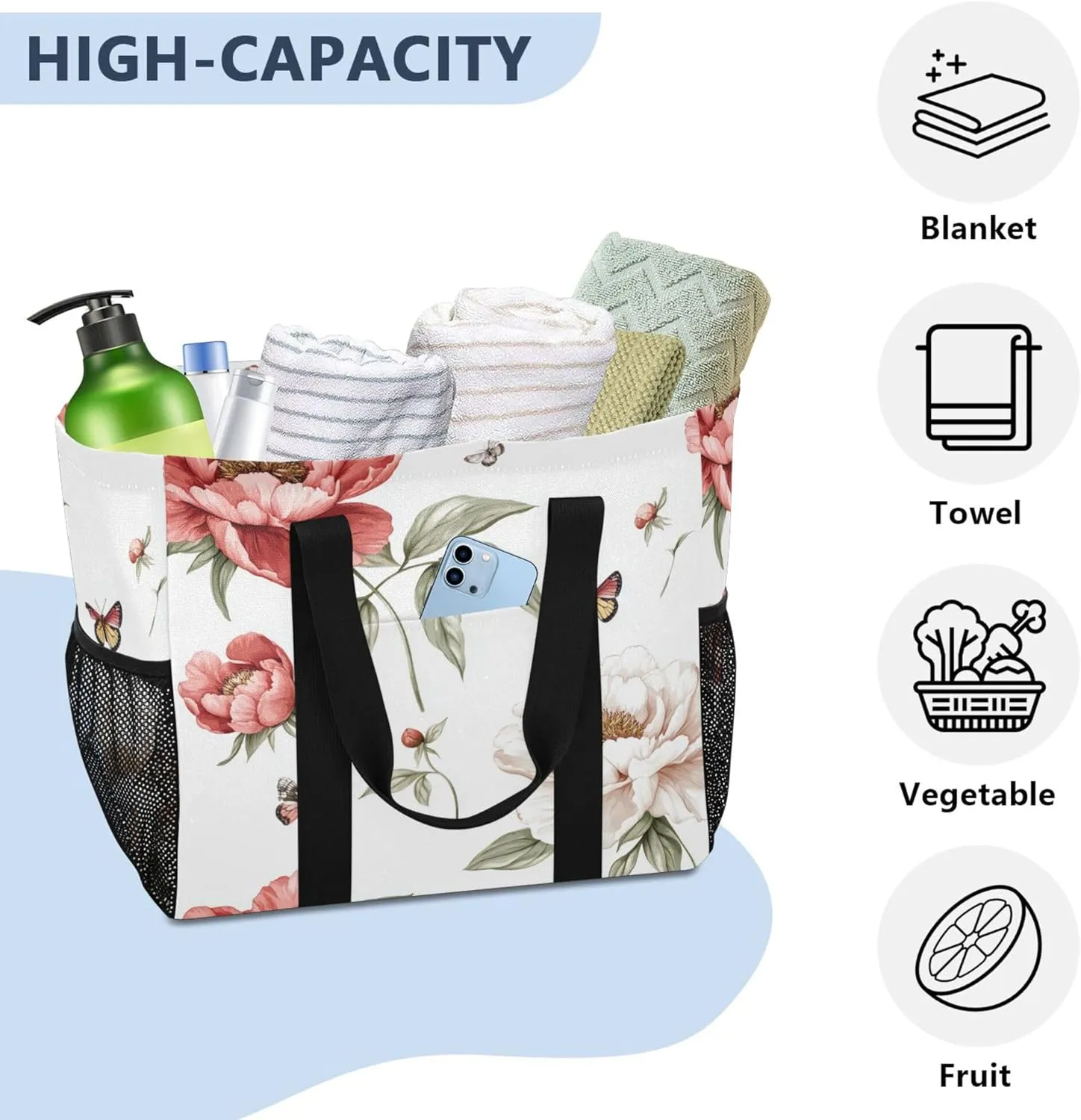 KLL Beach Totes Bags Canvas Collapsable With Pockets Laundry Bag Travel
