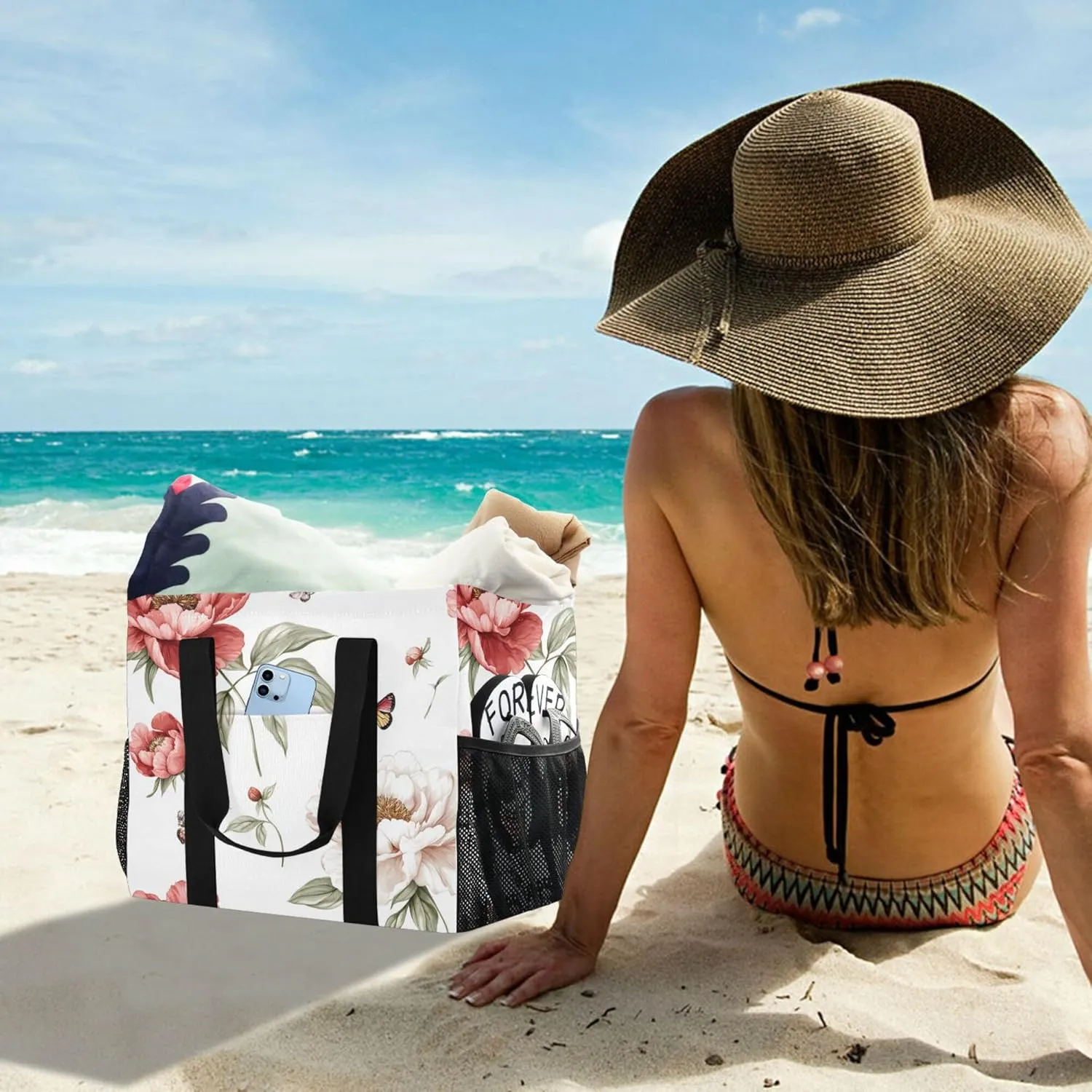 KLL Beach Totes Bags Canvas Collapsable With Pockets Laundry Bag Travel