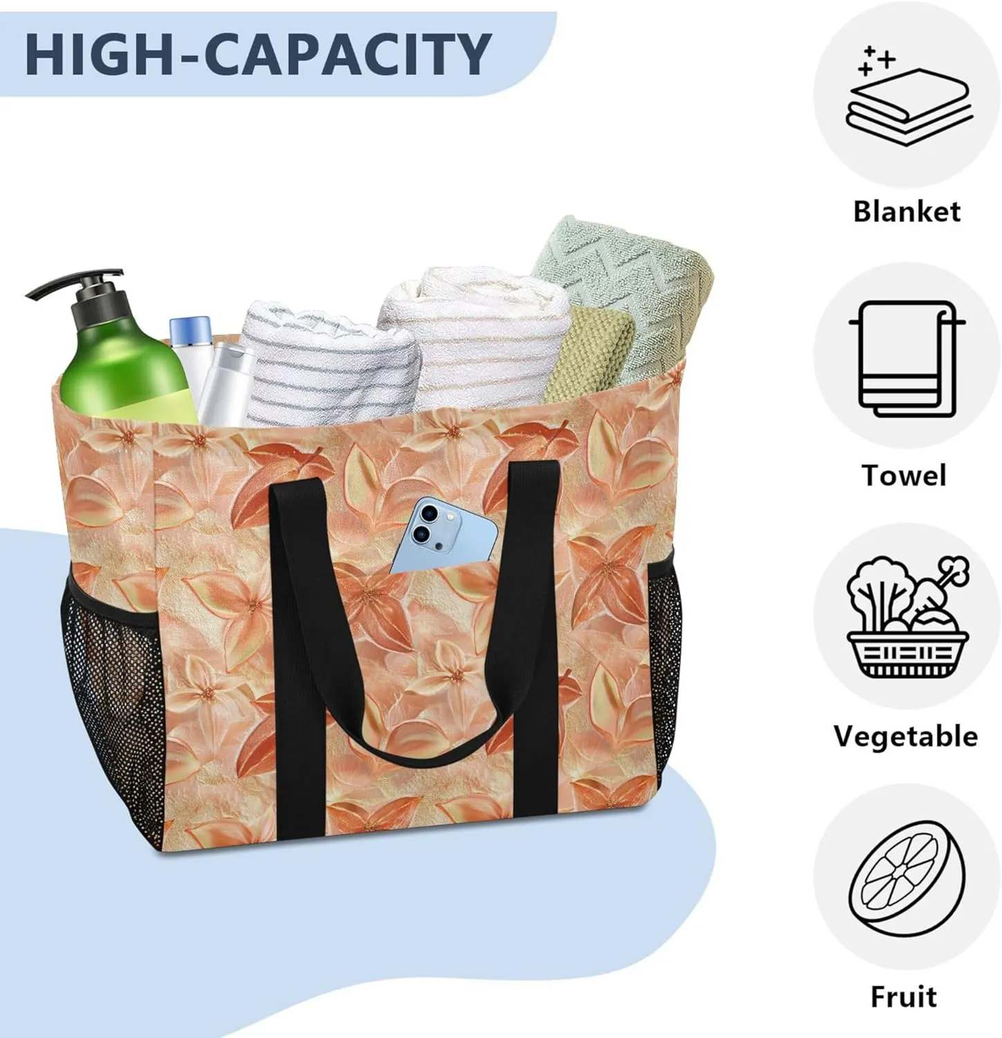 KLL Beach Totes Bags Canvas Foldable Waterproof Reusable Grocery Bag