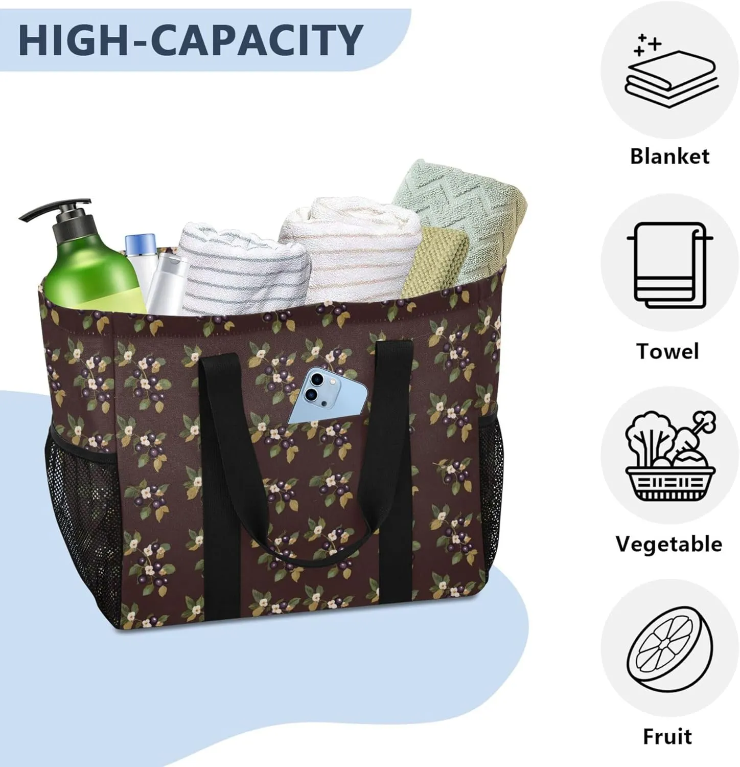 KLL Beach Totes Bags Canvas Foldable Waterproof Reusable Grocery Bag