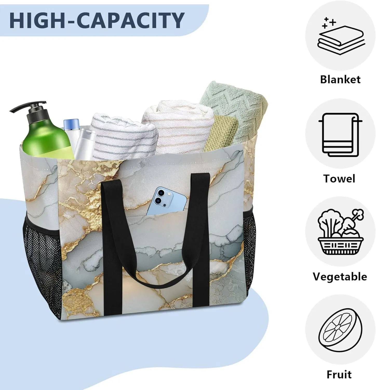 KLL Beach Totes Bags Canvas Foldable With Compartments Laundry Totes