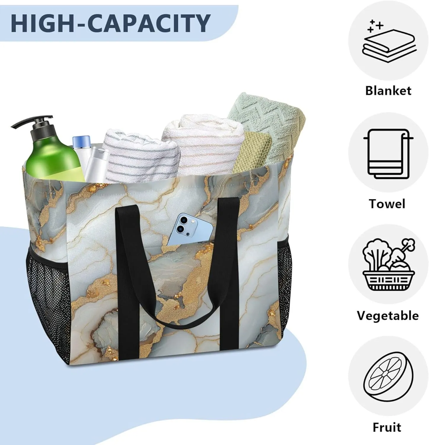 KLL Beach Totes Bags Canvas Foldable With Compartments Laundry Totes