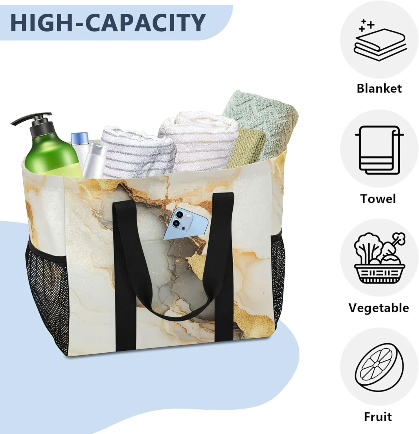 KLL Beach Totes Bags Canvas Foldable With Compartments Laundry Totes