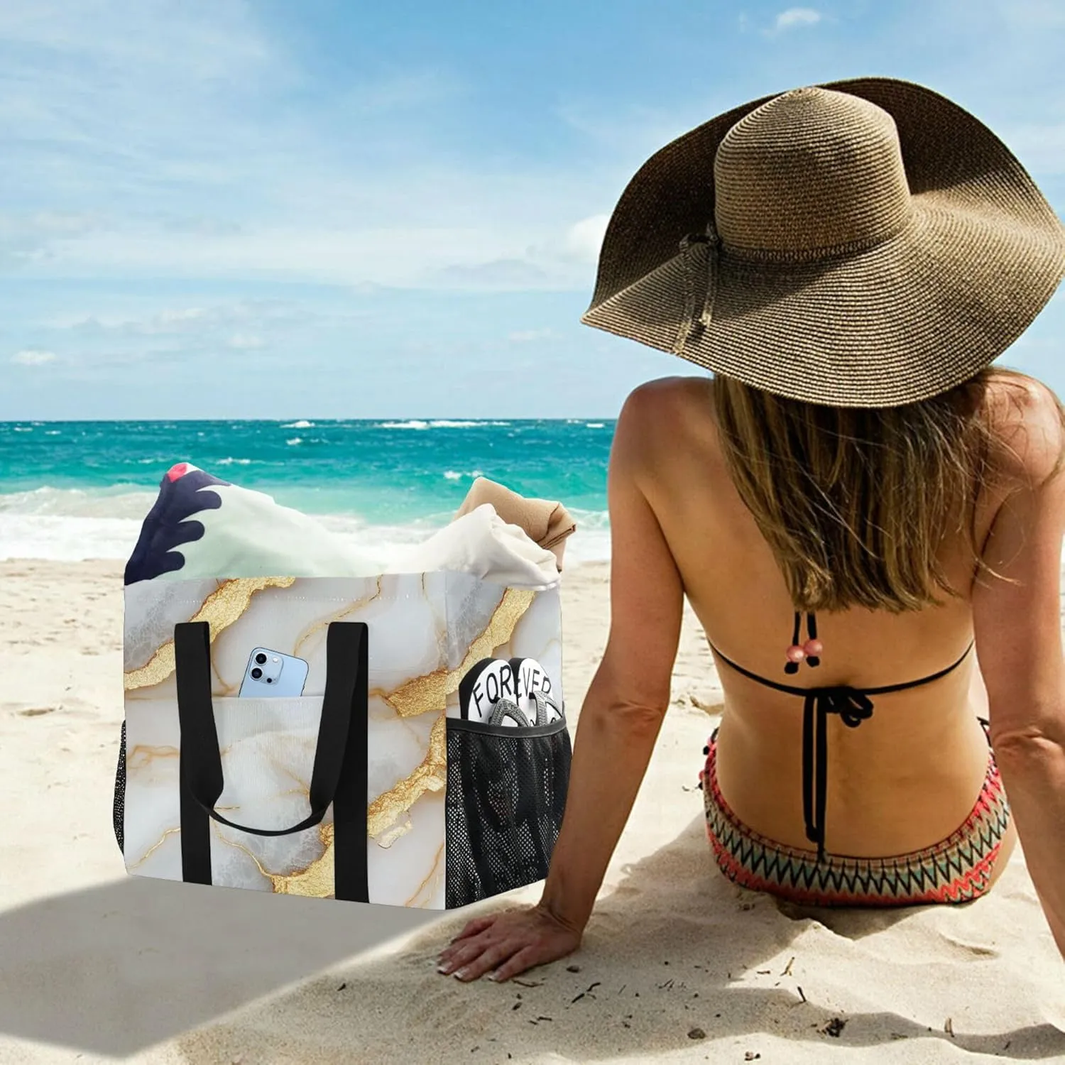 KLL Beach Totes Bags Canvas Foldable With Compartments Laundry Totes