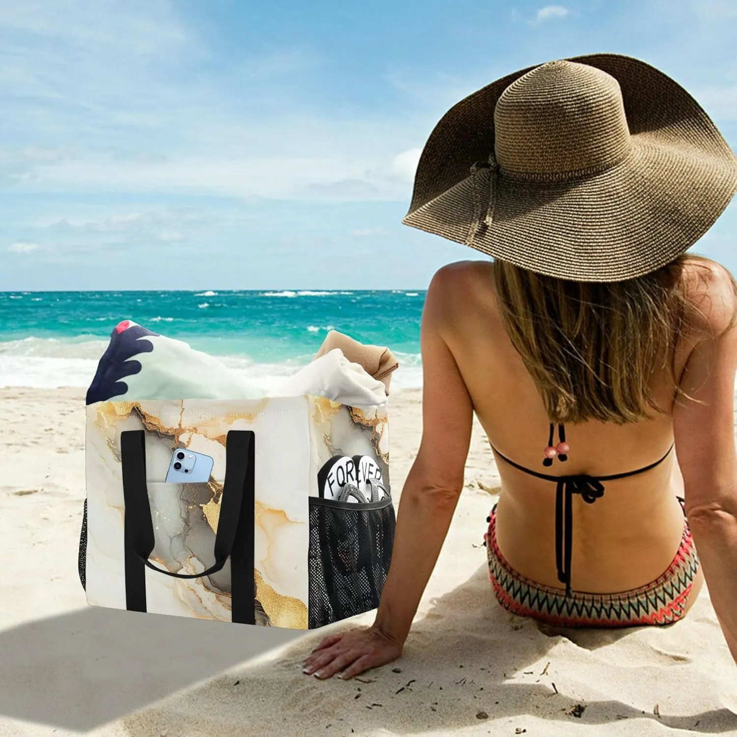 KLL Beach Totes Bags Canvas Foldable With Compartments Laundry Totes