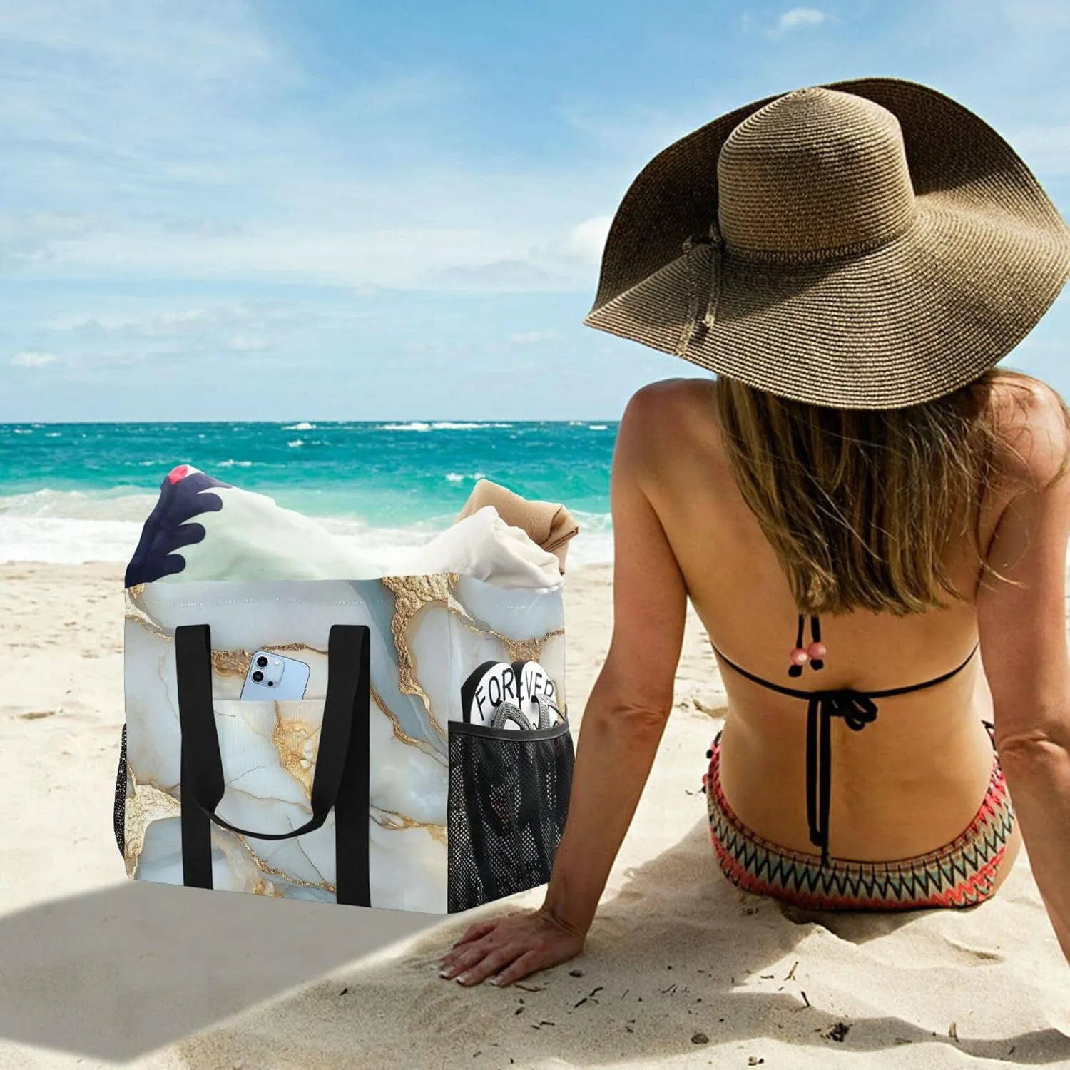 KLL Beach Totes Bags Canvas Foldable With Compartments Laundry Totes