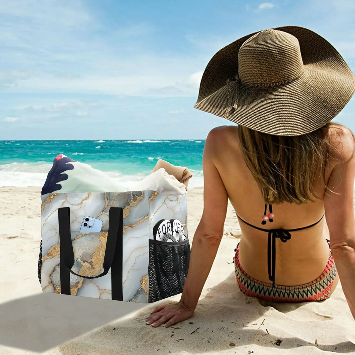 KLL Beach Totes Bags Canvas Foldable With Compartments Laundry Totes