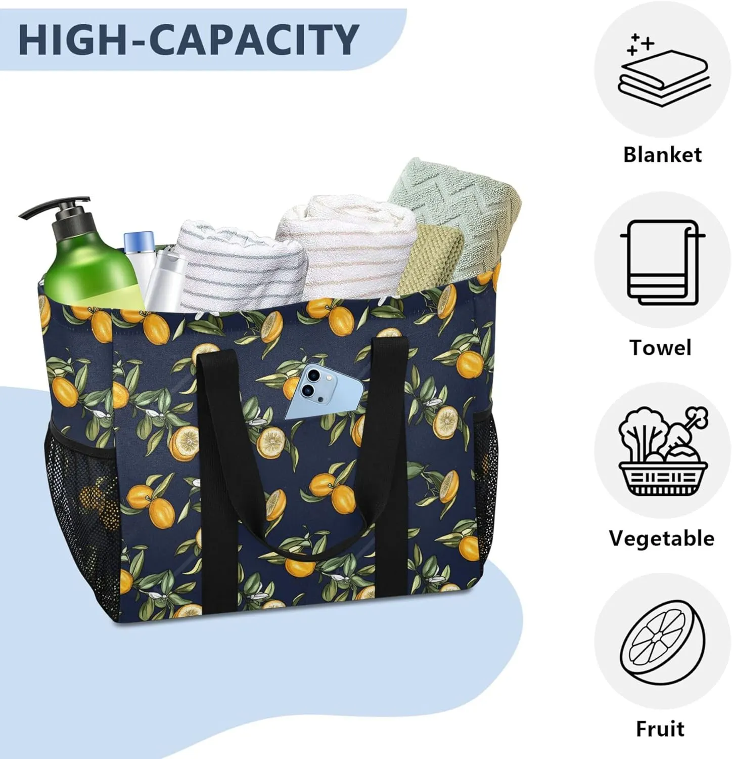 KLL Beach Totes Bags with Handles Collapsable With Pockets Grocery Bags Reusable
