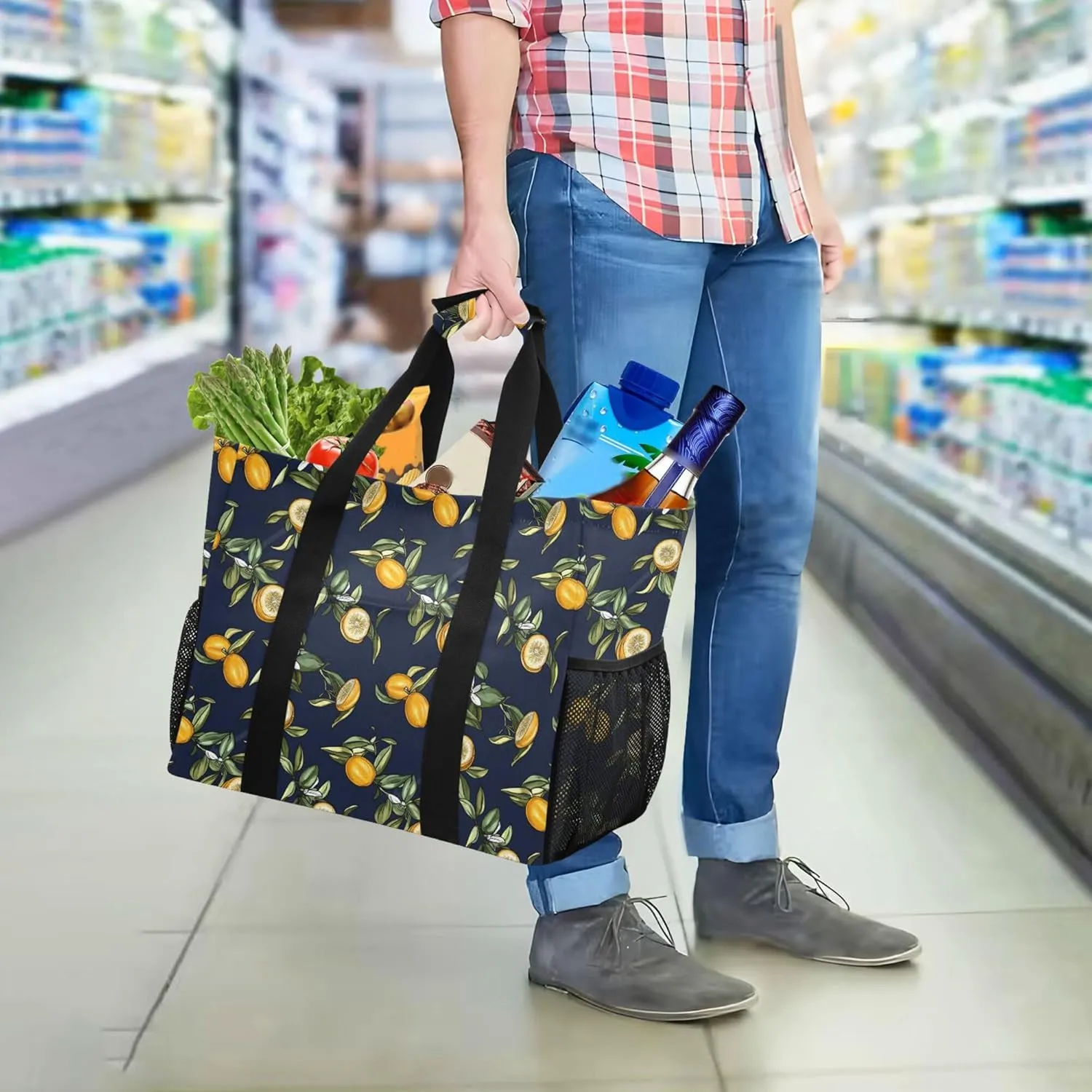 KLL Beach Totes Bags with Handles Collapsable With Pockets Grocery Bags Reusable