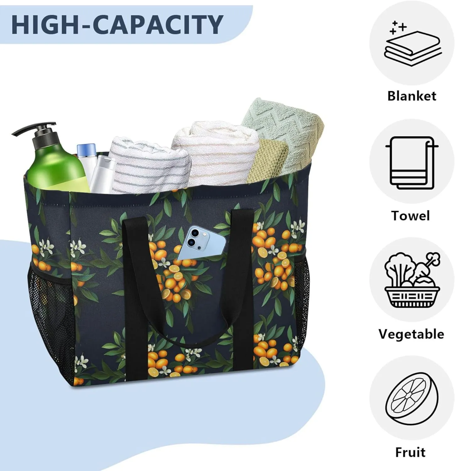 KLL Beach Totes Bags with Handles Collapsable With Pockets Grocery Bags Reusable