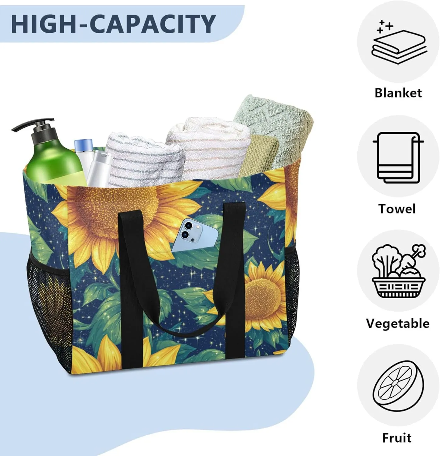 KLL Utility Beach Tote with Handles Foldable With Pockets Car Totes