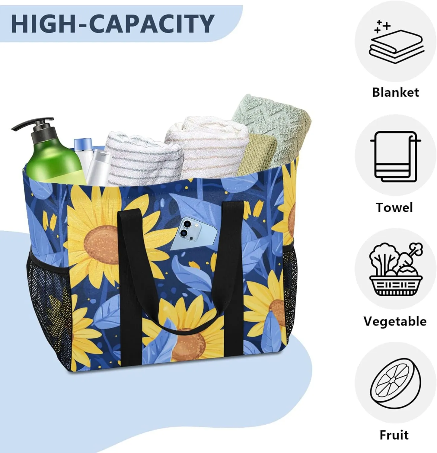 KLL Utility Beach Tote with Handles Foldable With Pockets Car Totes