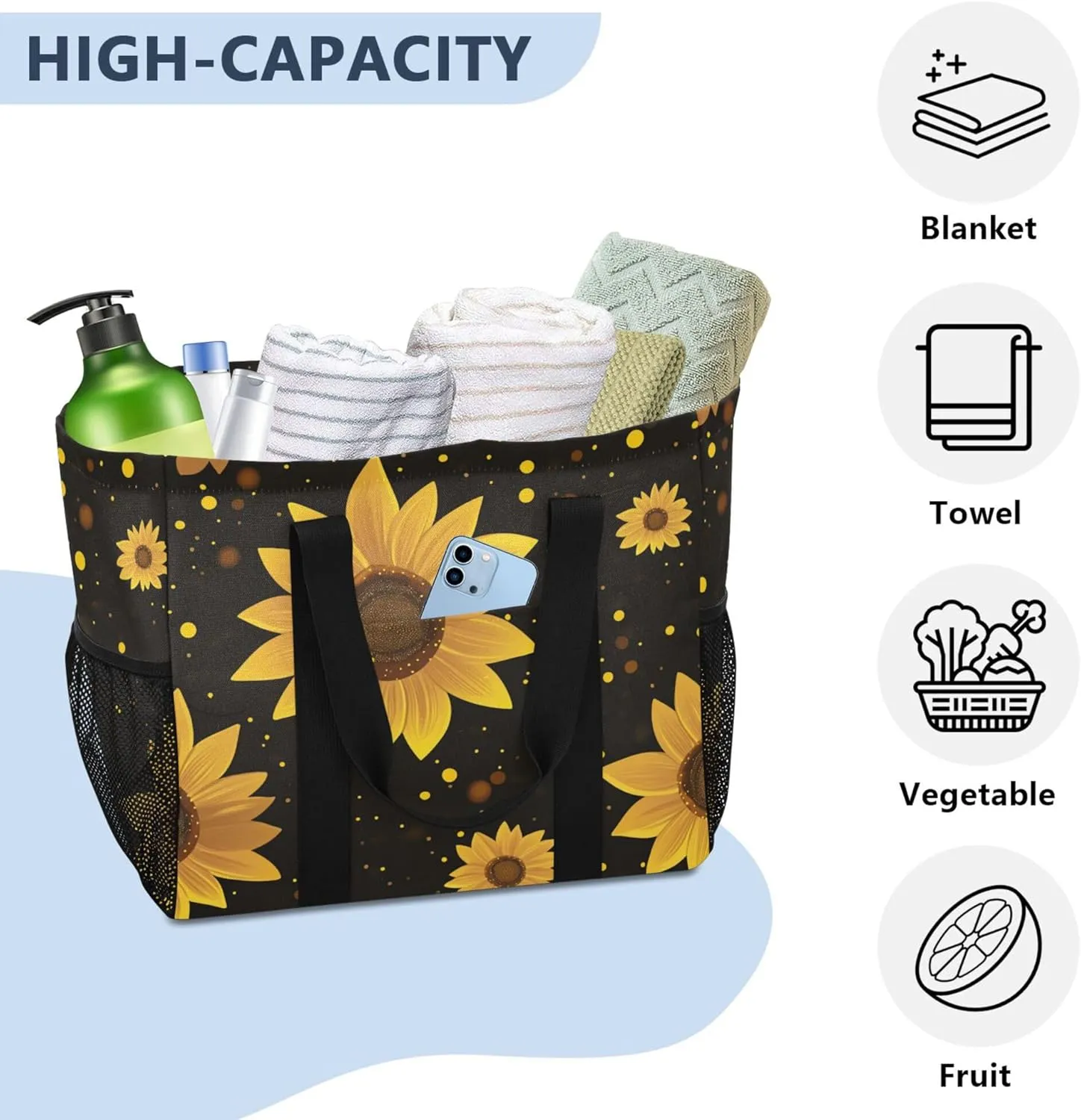 KLL Utility Beach Tote with Handles Foldable With Pockets Car Totes