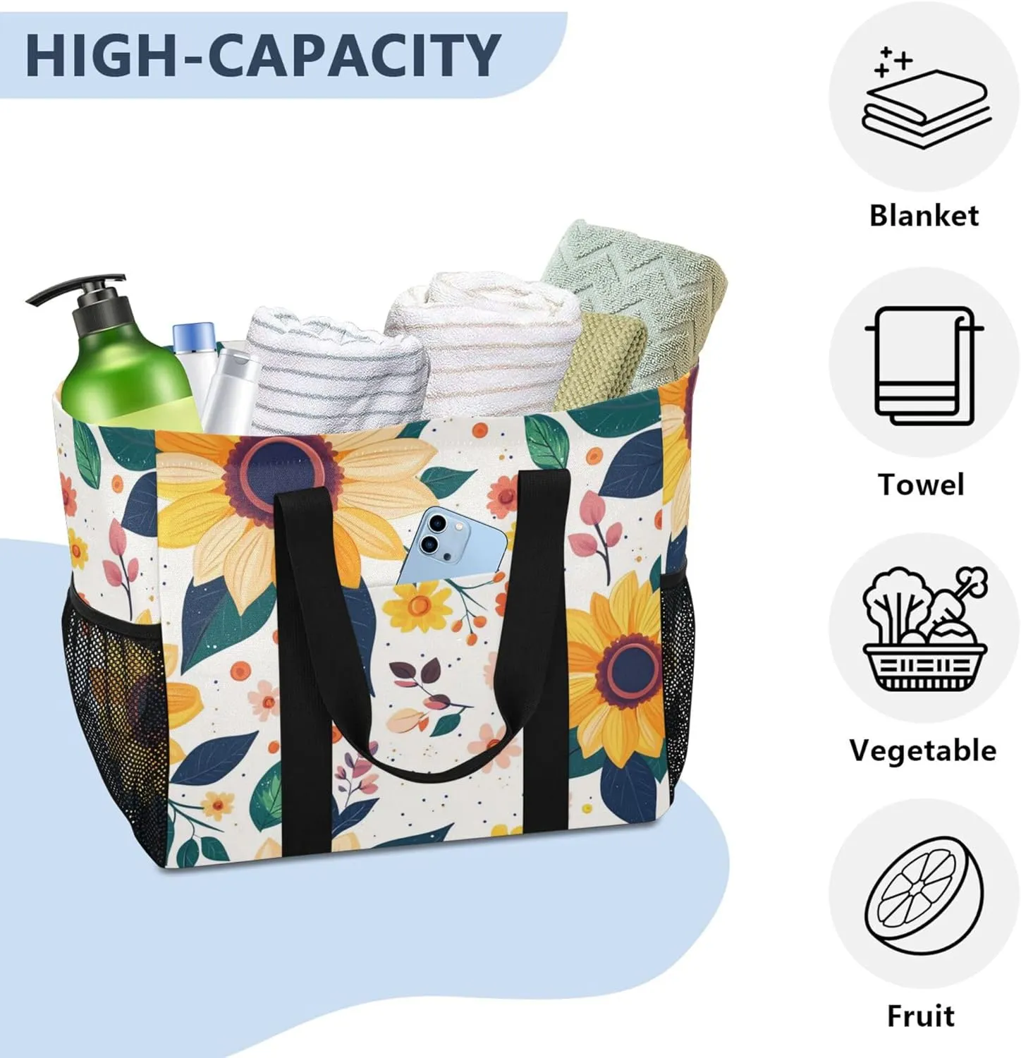 KLL Utility Beach Tote with Handles Foldable With Pockets Car Totes