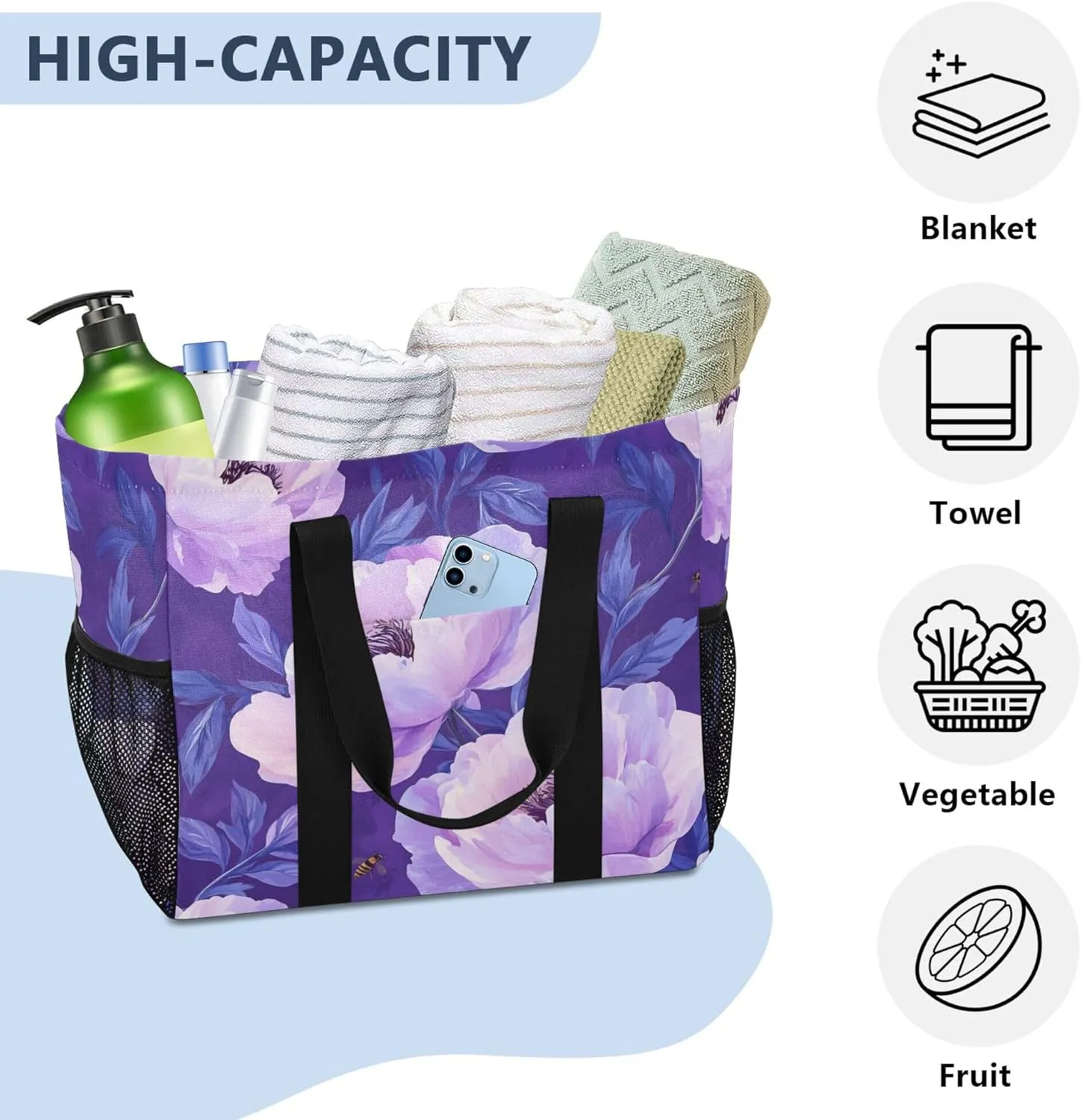 KLL Utility Beach Tote with Handles Foldable With Pockets Car Totes