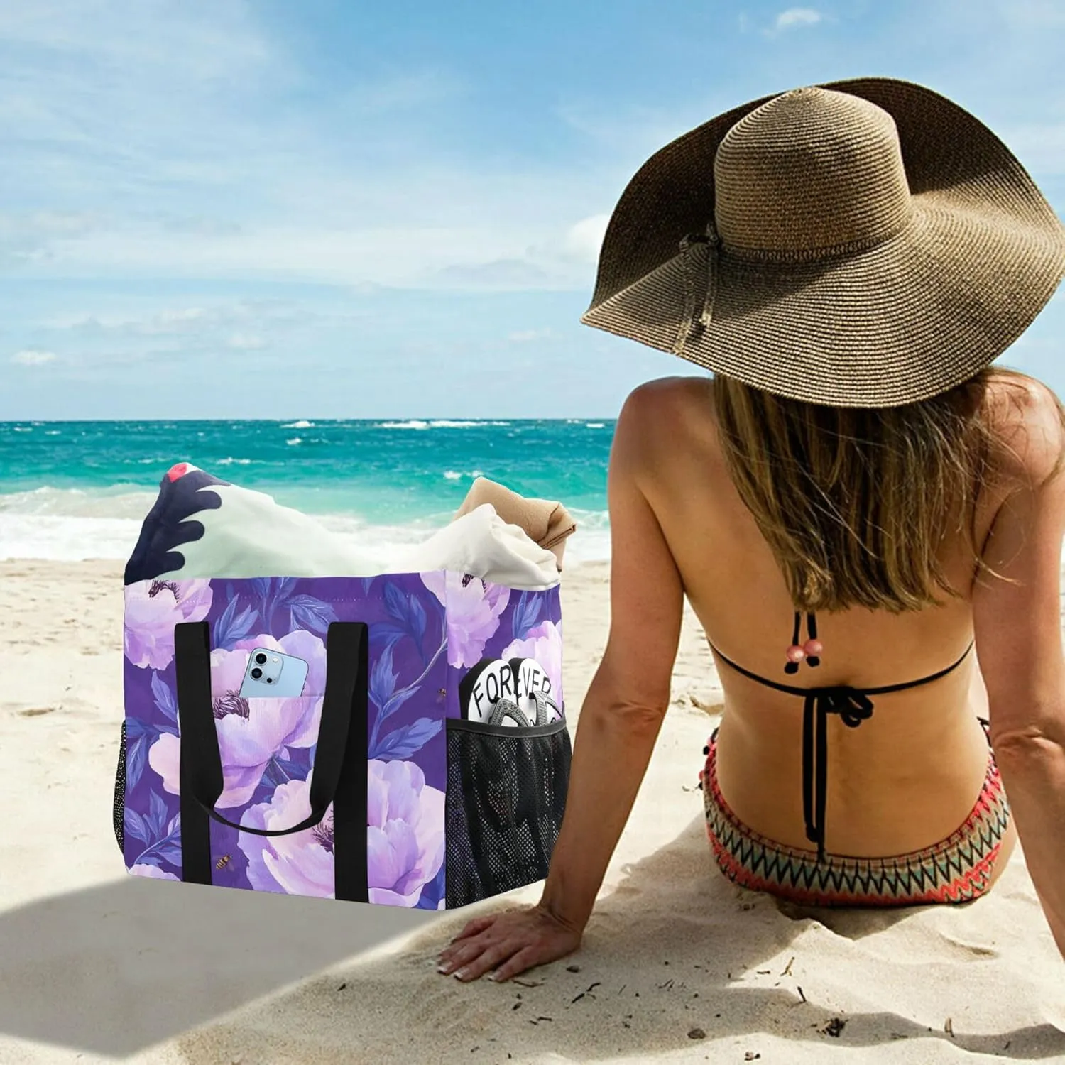 KLL Utility Beach Tote with Handles Foldable With Pockets Car Totes