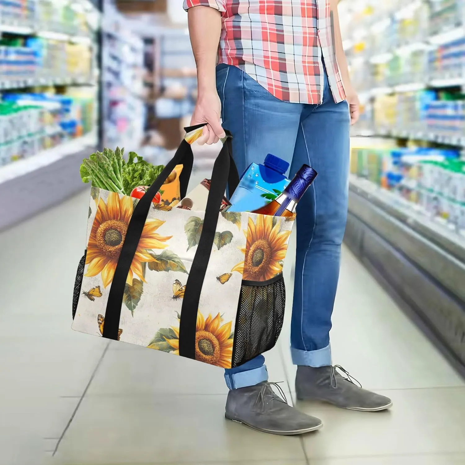 KLL Utility Totes Canvas Foldable With Compartments Resuable Grocery Bags