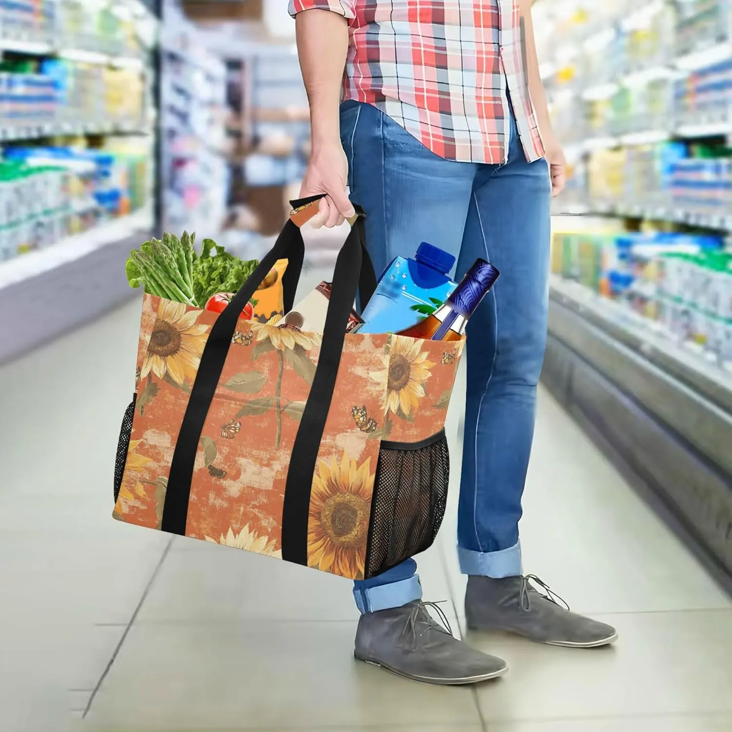 KLL Utility Totes Canvas Foldable With Compartments Resuable Grocery Bags