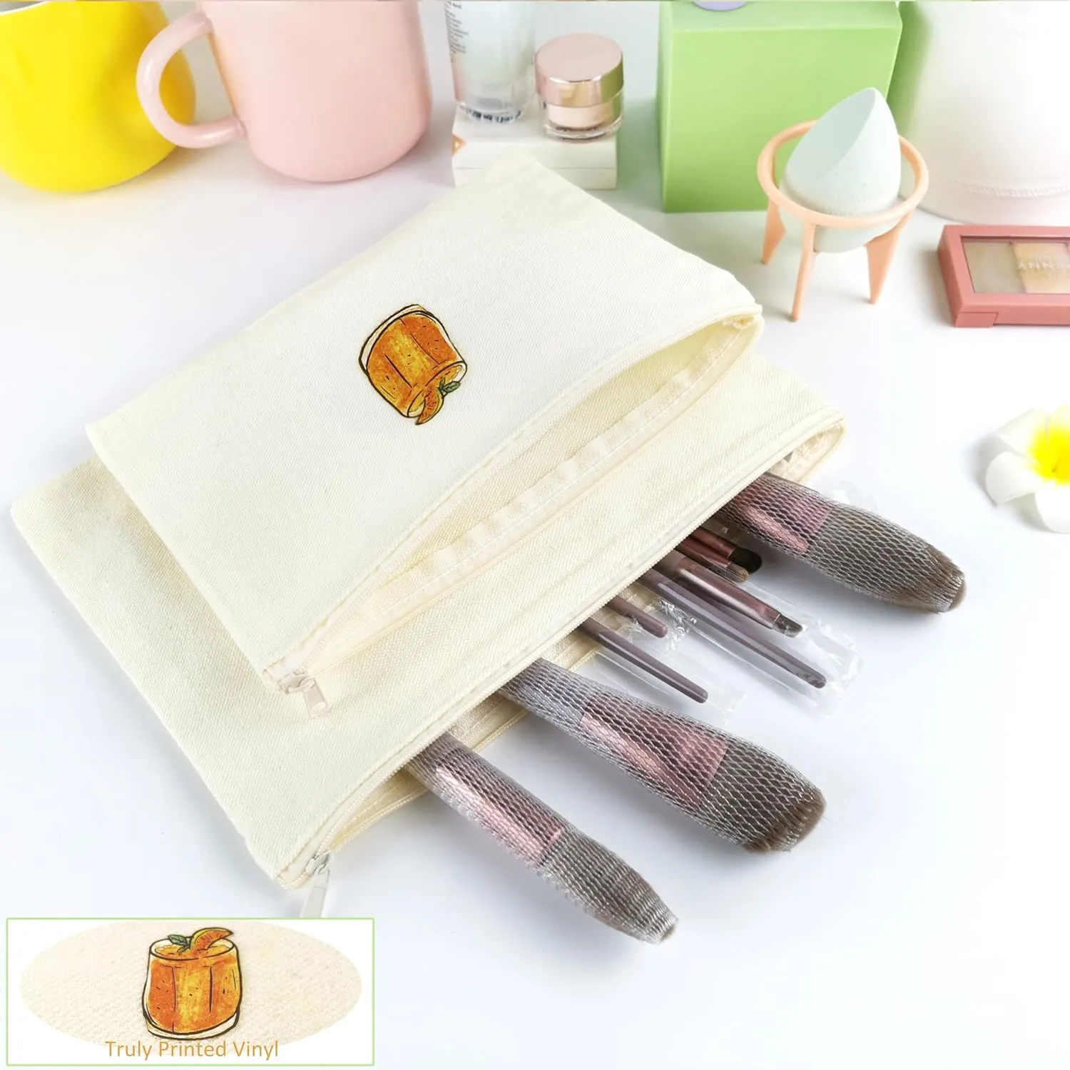 Koolmox Bulk Makeup Bags, Pencil Bag 40 Multipurpose Cosmetic Pouch with Zipper, Canvas Pencil Pouches, Bulk Plain Beige Canvas Case for Travel Storage Toiletry Organize Pouch Women DIY Craft Gift