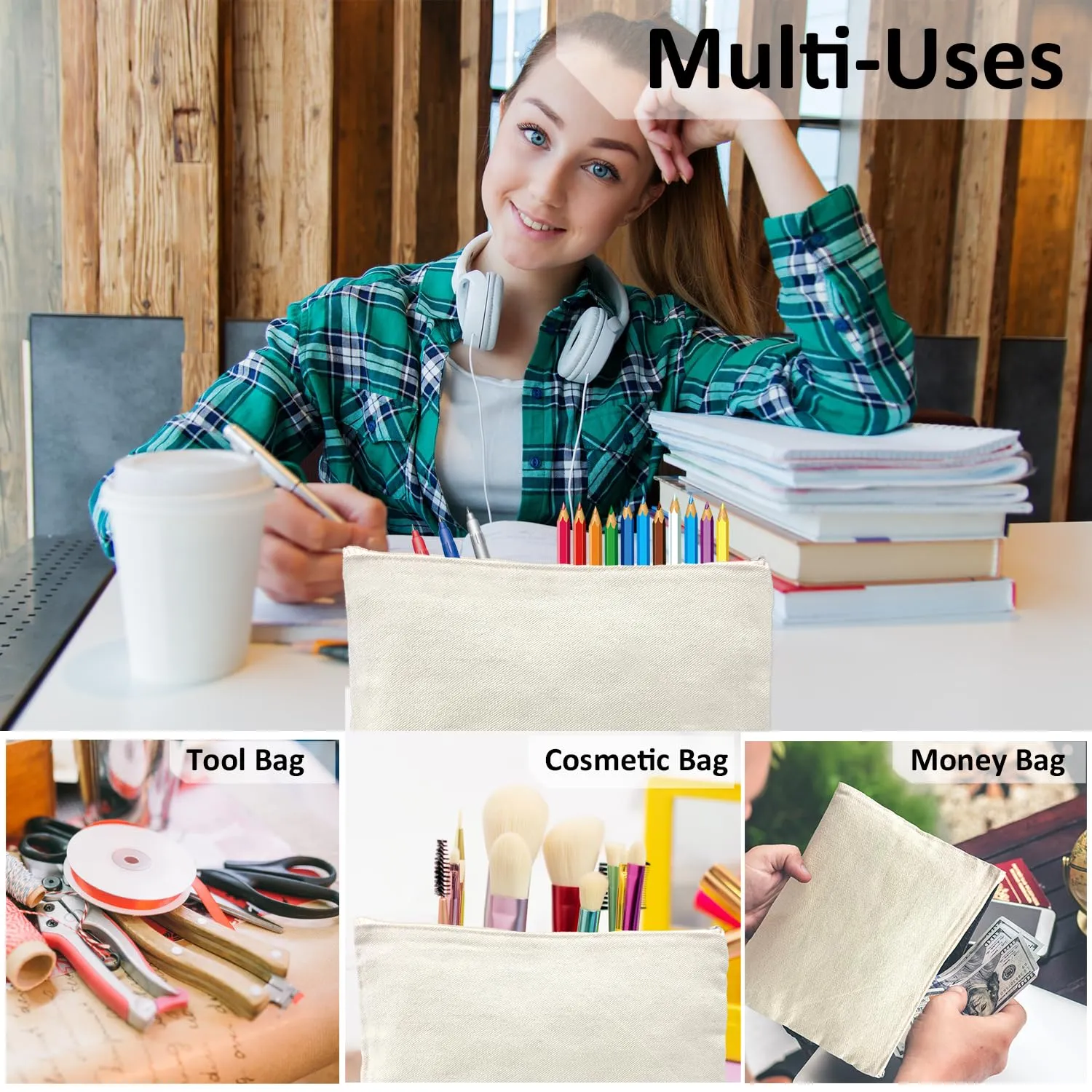 Koolmox Bulk Makeup Bags, Pencil Bag 40 Multipurpose Cosmetic Pouch with Zipper, Canvas Pencil Pouches, Bulk Plain Beige Canvas Case for Travel Storage Toiletry Organize Pouch Women DIY Craft Gift