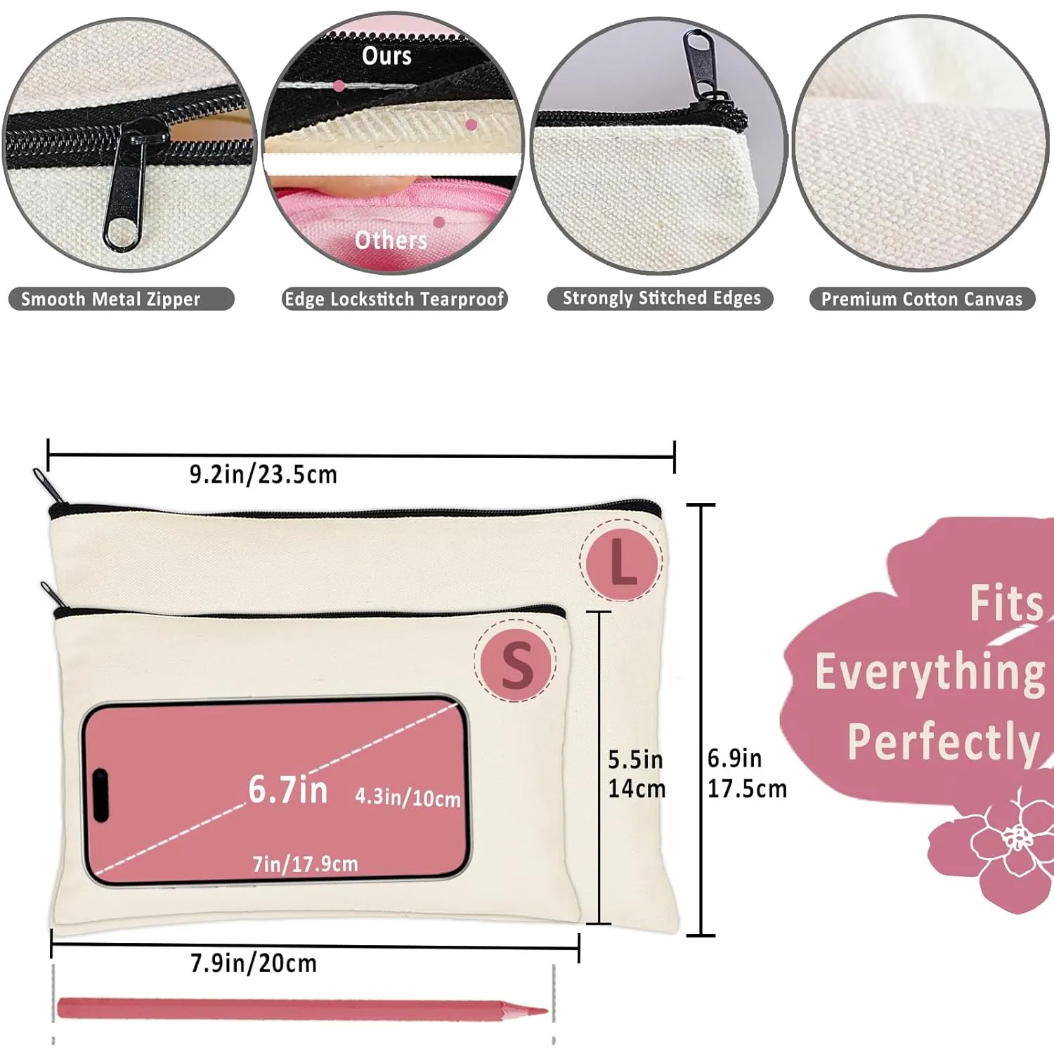 Koolmox Canvas Pouch with Zipper Bulk, 30 pcs 9x7'' Cosmetic Bag Multipurpose Makeup Bag with Zipper Canvas Bag Large Travel Toiletry Pouch DIY Craft Purse Pencil Bag, Blank Beige