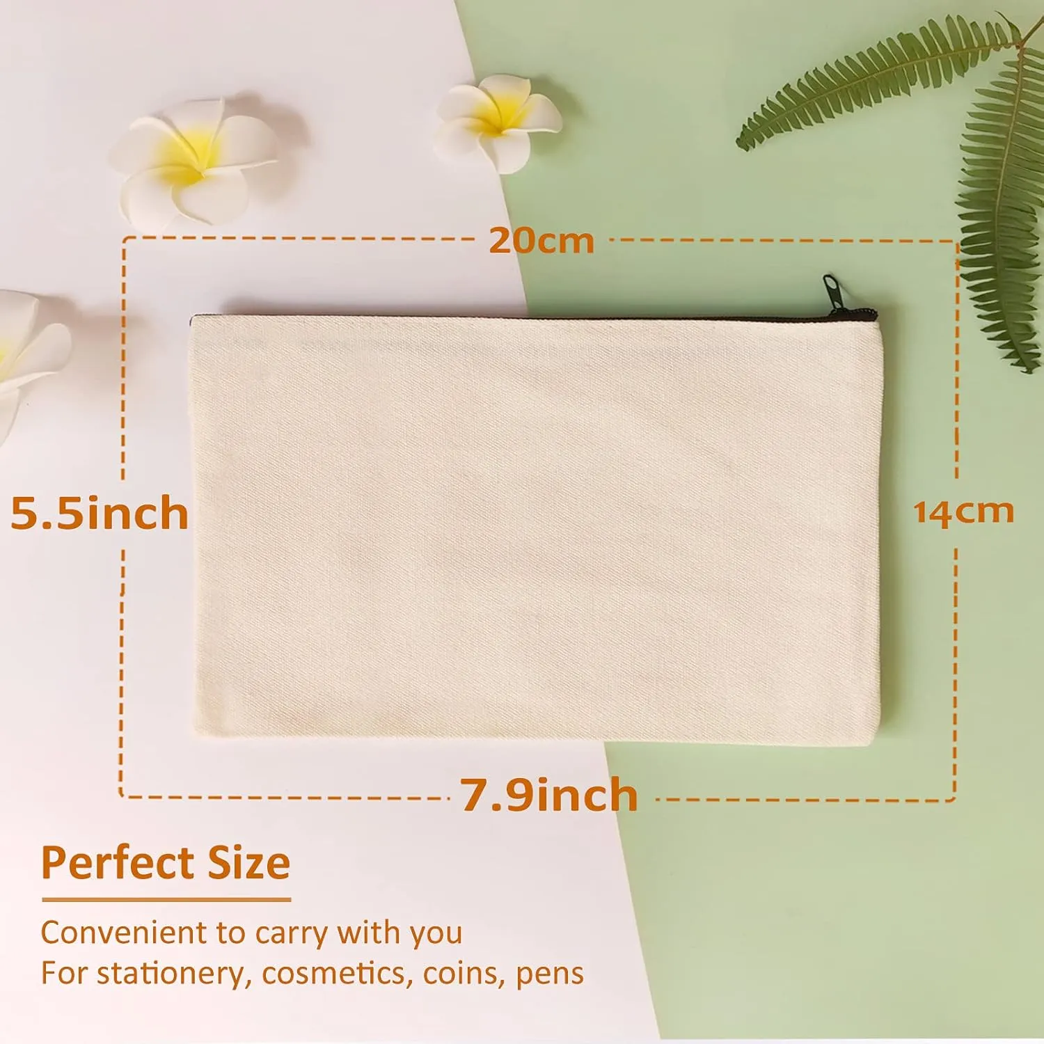 Koolmox Makeup Bags, 12 Canvas Pencil Case, Cotton Canvas Toiletry Pouch, Bulk Plain Cosmetic Bags for Women Vinyl Projects Crafts, 8x5'' Beige With Zippers of 10 Colors